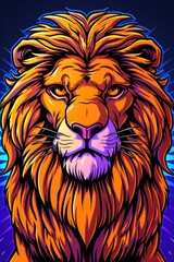 Colorful illustration of a majestic lions face with vibrant fur and intense golden eyes
