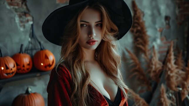 Charming Halloween party scene with a relaxed atmosphere, showcasing a female Russian supermodel in vampire cosplay.