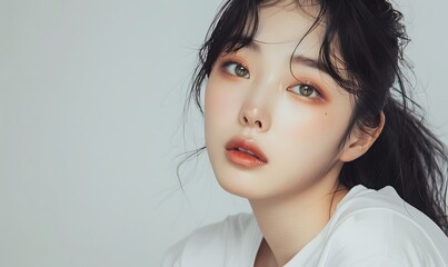 Beautiful Korean woman wearing an white t-shirt, Generative AI