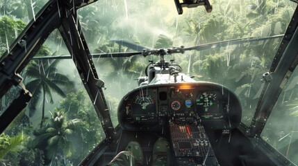 A close-up of an Attack Helicopters AH-64 Apaches cockpit amidst a jungle operation The pilots face is tense with concentration