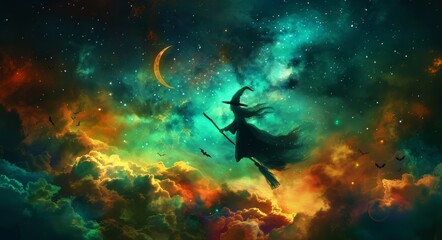 silhouette of a witch in a hat flying on a broom under the moonlight, bright multicolored colors, Halloween background