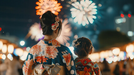 浴衣を着て夏祭りを楽しむ日本人の母と娘