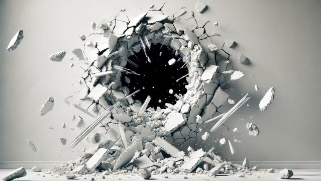 Large hole smashed through white wall