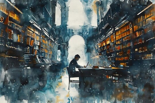 Dedicated student concentrating on studying with laptop in library