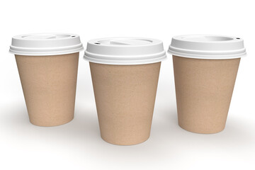 Three kraft coffee cups mockup isolated on white, front view