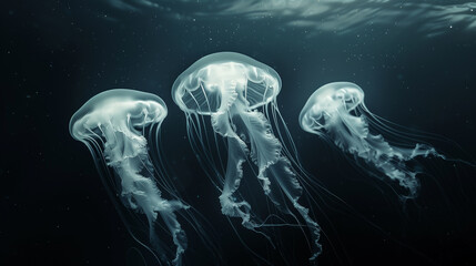 Obraz premium Beautiful colorful jellyfish swimming in the deep sea