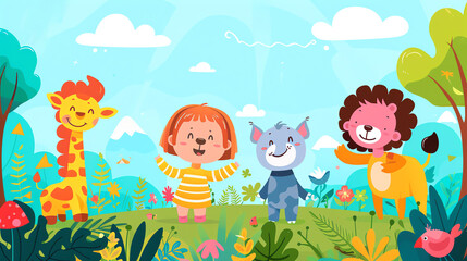 Playful cartoon characters, imaginative scenes, for children, flat design illustration