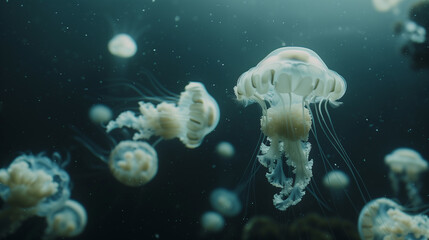 Fototapeta premium Beautiful colorful jellyfish swimming in the deep sea
