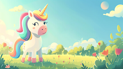 Fototapeta premium A whimsical cartoon unicorn with colorful mane, standing in a meadow with a bright blue sky and fluffy clouds, cute style, pastel colors, 2D illustration