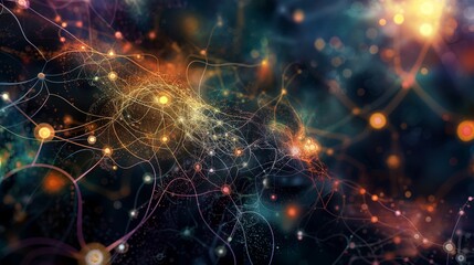 Fototapeta premium A colorful image of many small dots that are connected to each other. Neural network concept. Digital background ideal for technological operations