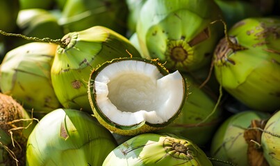 cluster of fresh green coconuts with one cracked open, Generative AI