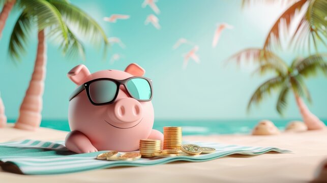 A happy 3D cartoon piggy bank with sunglasses, lying on a beach towel next to a small pile of gold coins, under a sunny sky with palm trees in the background.