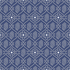 Japanese Curl Line Flower Diamond Vector Seamless Pattern