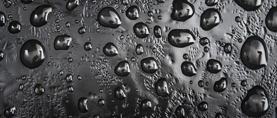 Panoramic close-up, high detail scan of waterdrops on smooth surface texture, Generative AI