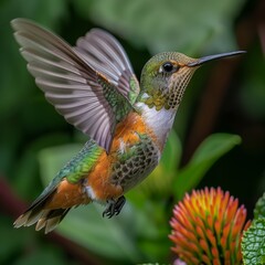 Fototapeta premium Macro of a Hummingbird in Flight- Capture the intricate details of a hummingbird mid-flight