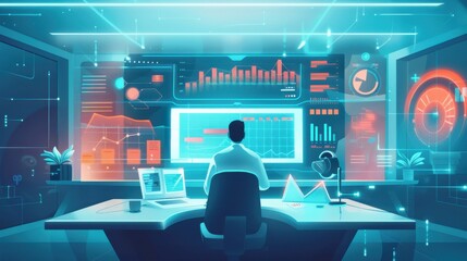 A vector illustration of a futuristic office environment where holographic blue graphs are being analyzed by professionals