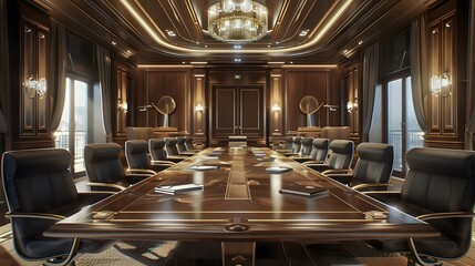 Luxurious Boardroom with Rich Wood Paneling and Gold Accents