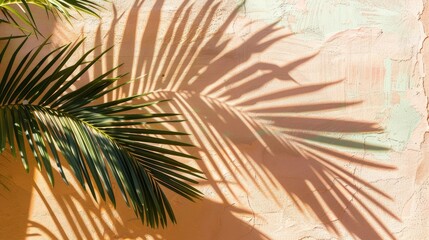 Obraz premium Tropical palm leaves casting beautiful shadows on a pastel-colored wall in the summer sun