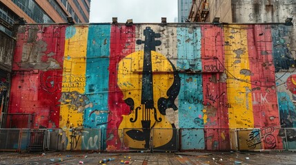 Obraz premium Colorful Mural of a Violin on a Building Wall