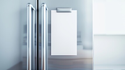 High-resolution photo of a contemporary fridge, magnet with a blank A4 sheet, detailed close-up, cinematic style, 8K quality, focus cover all object