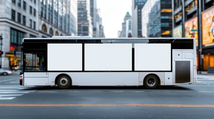 Fototapeta premium High-resolution photo of a city bus with empty advertising panels, captured in a vibrant downtown area, realistic urban setting, focus cover all object