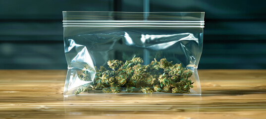 A close-up of a clear plastic bag containing cannabis buds, sitting on a wooden surface