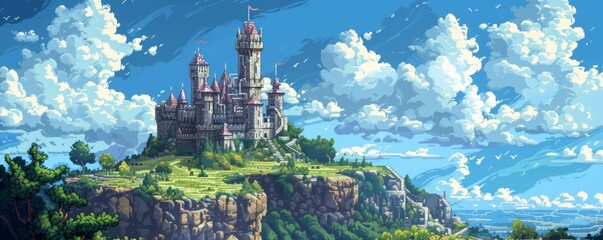 Obraz premium A pixel art rendition of a pixelated castle perched atop a pixelated hill, its pixelated towers reaching towards the pixelated sky.