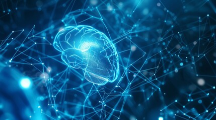 Obraz premium A brain is shown in a blue and white color scheme. Neural network concept. Digital background ideal for technological operations