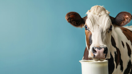 Abundance or dairy product concept image with a cow and a milk pot on blue background with copy space