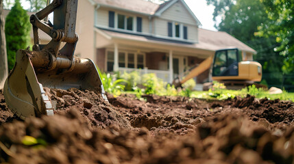An excavator bucket digs into the soil during construction work in front of a residential home