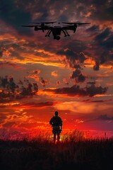 Fototapeta premium A small tactical drone hovering above a lone soldier silhouetted against a dramatic sunset