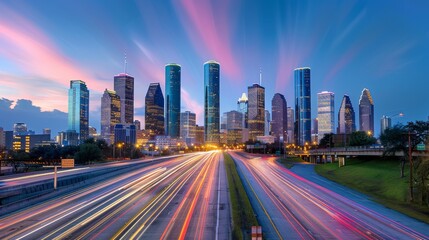 Fototapeta premium Dazzling cityscape images during twilight hours, capturing iconic landmarks, illuminated skyscrapers