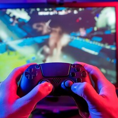 Gaming Controller being held by Player - Playing a Game on a Game Console on a Big Screen - Lit by Neon colored Light - Streamer streaming and playing a Racing Adventure Game, Hands holding a Joystick