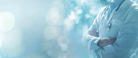 Background for medical advertising, a doctor in a white coat with a stethoscope around his neck stands sideways with folded hands against a blurred background of a hospital hall. 