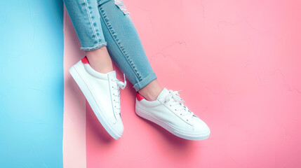 A pair of white sneakers with red accents sit on a pastel pink background. The light jeans add a touch of casual style to this minimalist fashion image