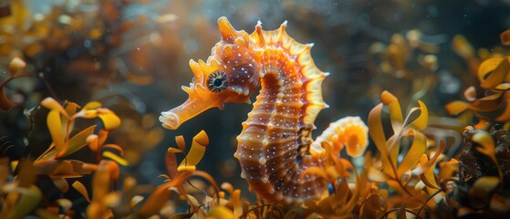 Photograph of a seahorse blending into seaweed in 4K resolution.