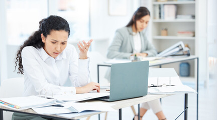 Confused, woman or stress in office for finance, company debt or error in document for business....