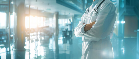 Background for medical advertising, a doctor in a white coat with a stethoscope around his neck stands sideways with folded hands against a blurred background of a hospital hall. 