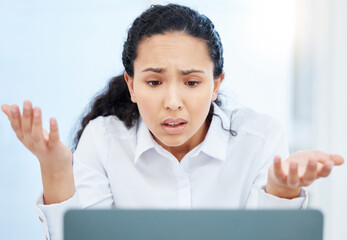 Confused, woman and stress in office for glitch, company debt and internet issue in business. Female administrator, frustrated or shrug at desk for crisis, mistake or error in information on computer