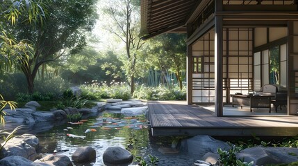 Serene Traditional Japanese Zen Garden with Koi Pond and Bamboo Surroundings
