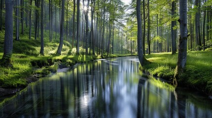 Enchanting images of mystical forests, featuring towering trees, dappled sunlight filtering through foliage