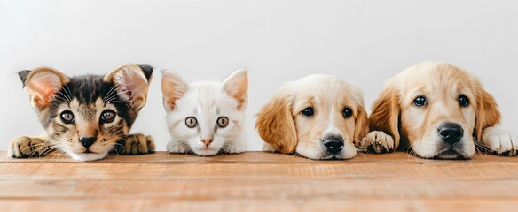 Four dogs and a cat are standing on a wooden table