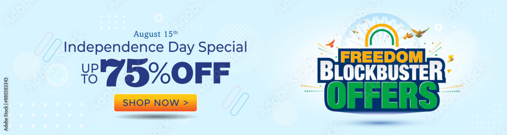 Sticker Celebration of India independence Day and freedom blockbuster offer sale 75% off Shopping background.