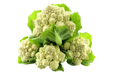Fresh Romanesco cauliflower with leaves isolated on a white background.