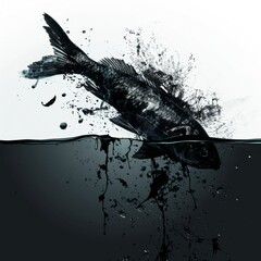 Pollution Impact - Illustration of Dead Fish in Contaminated Water, Dark Tones.