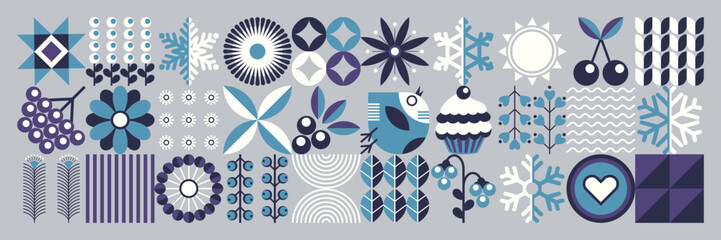 Winter geometric floral pattern. Ukrainian style. Scandinavian motifs. Merry Christmas and Happy New Year! Abstraction. Minimal illustration. © Alexander