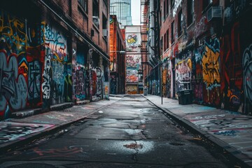 Fototapeta premium Empty Graffiti Alleyway in Urban City During Daytime