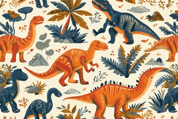 A playful pattern of dinosaurs in a prehistoric setting, AI generated