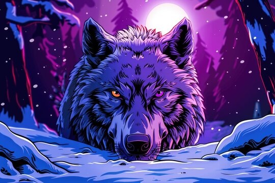 Colorful illustration of a wolfs face with one blue and one yellow eye set in a snowy forest with a full moon