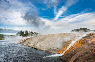 Firehole River, Yellowstone National Park, Wyoming, USA. The Firehole River flows through several significant geyser basins in the park
